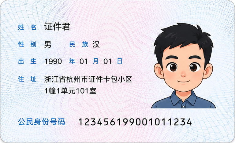 身份证扫描件正面示例,使用虚构姓名和证件号码